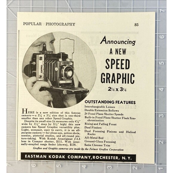 Eastman Kodak Speed Graphic 2.25 x 3.25 Camera " Outstanding" Vtg Print Ad 1938 - Picture 2 of 3